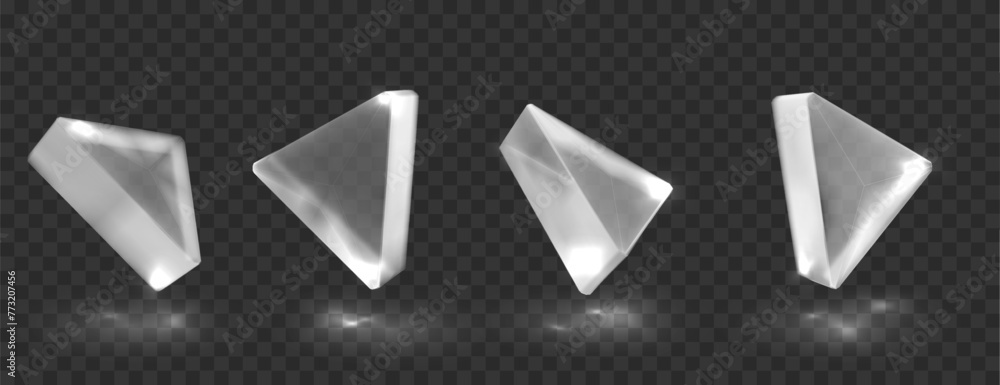 Poster glass or crystal triangle in different angle view. geometric shape with reflection, isolated glossy 
