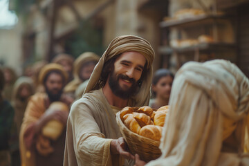 Jesus Christ feeding crowd of five thousand people with loaves - obrazy, fototapety, plakaty