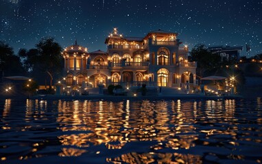Fototapeta na wymiar Evening Opulence, Living by the Riverside's Glowing Waters, Twilight Luxury, The Riches of Riverside Residences by Water's Edge Generative Ai