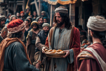 Jesus Christ feeding crowd of five thousand people with loaves