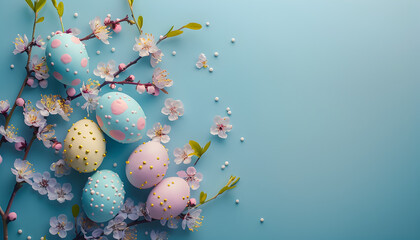 colorful small easter eggs with flowering branches on a light blue background with copy space