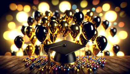 Celebratory Graduation Caps Ascend Amongst Golden Balloons and Confetti