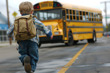 Back view of a kid with backpack running to the school bus. Back to school concept. - obrazy, fototapety, plakaty