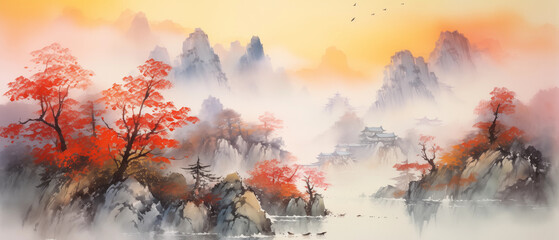 Beautiful colorful watercolor painting of traditional Chinese hill scenery landscape. - obrazy, fototapety, plakaty