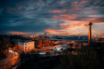 Odessa, Ukraine – view of the Odessa port from Mother-in-law Bridge, sunset overlooking the Odessa Bay, industrial landscape