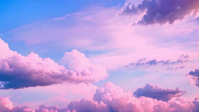 Pastel pink,purple clouds moving in the wind. Motions clouds. Puffy fluffy beautiful pink clouds on turquoise sky time lapse. Slow moving clouds. Pastel palette. Wonderful nature 4k video Beauty