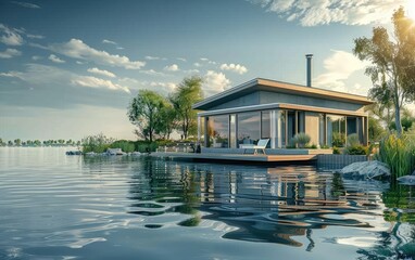 Elegance in a Lake House, Minimalist Design and Pure Lines, Clean and Sleek, The Uncomplicated Charm of a Lakeside Home, Graceful Simplicity, Contemporary Design in a Lakeside Retreat Generative Ai
