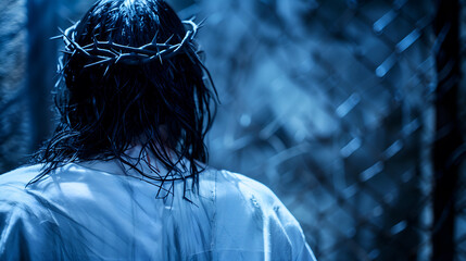 Back view of Jesus Christ in the crown of thorns - obrazy, fototapety, plakaty