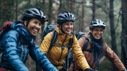 In a forest, a group of friends dressed in cycling gear prepare to go mountain biking. - obrazy, fototapety, plakaty