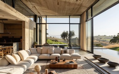 Elegant Rural Estate, A Villa with Streamlined Design and Floor-to-Ceiling Windows,Chic Country Manor, Contemporary Villa Design and Ceiling-to-Floor Windows Generative Ai
