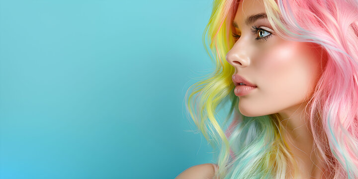 Woman with pink, yellow, and green hair on the blue background with copy space.