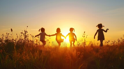 A group of happy children playing on a meadow during a summer sunset