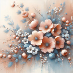 delicate spring flowers painted with oil paints on canvas in peach tones with blue tint