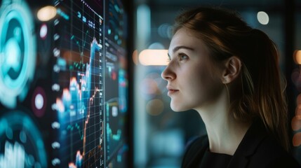 Viewing the futuristic interface screen of a businesswoman.
