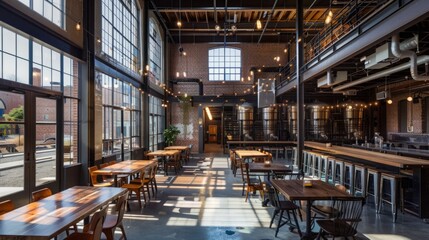 Fototapeta premium Busy Restaurant Interior With Tables and Chairs