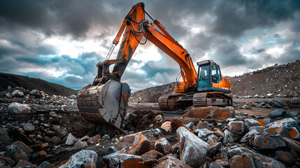 Excavation puissante : une gigantesque excavatrice orange s'attaquant aux terrains rocheux avec précision et force