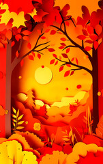 Paper cut 3D aspen trees, falling autumn leaves in a meadow with an orange background