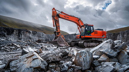 Excavation puissante : une gigantesque excavatrice orange s'attaquant aux terrains rocheux avec précision et force