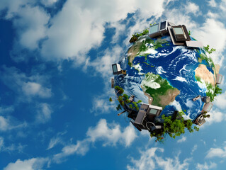 Old electronic devices surrounding the world globe. E waste and recycling concept - obrazy, fototapety, plakaty