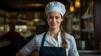 Smiling girl cook in a white cap in the kitchen of a restaurant. Portrait young girl cook. Cooking...