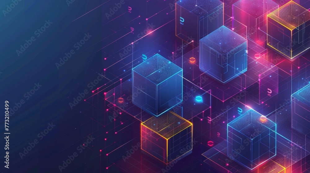 Poster Digital blocks with isometric connections forming crypto chains. Blocks or cubes are connected by digits. Abstract technology background. Modern illustration.
