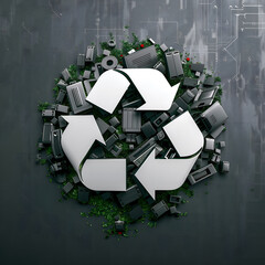 Old electronic devices and recycle logo, e waste and recycling concept