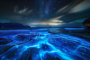 A Nighttime Marvel: The Sea Glowing with Bioluminescence, Where Blue Light Appears with Every Movement of the Water Surface, Creating a Fantastical Scene