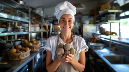Chef holding Tuber magnatum white truffles with a smile in a professional kitchen. - obrazy, fototapety, plakaty