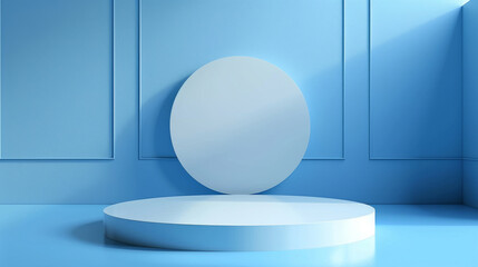 A simple yet elegant blue sphere resting on a round podium against a blue panel background.