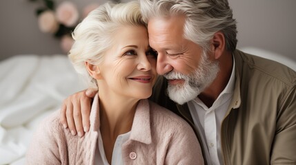 Elderly man and woman hugging adorably, locking eyes in a heartfelt moment of affection