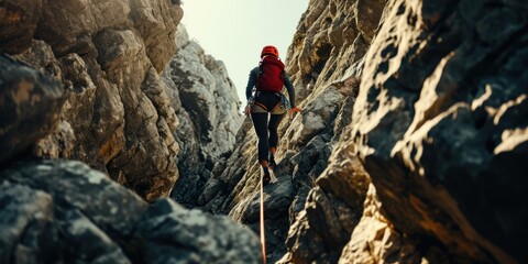 A person climbing up a mountain with a rope. Generative AI.