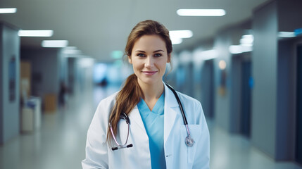 Profile photo of attractive family doc lady patients consultation friendly smiling reliable virology clinic arms crossed wear white lab coat stethoscope isolated grey color background - obrazy, fototapety, plakaty