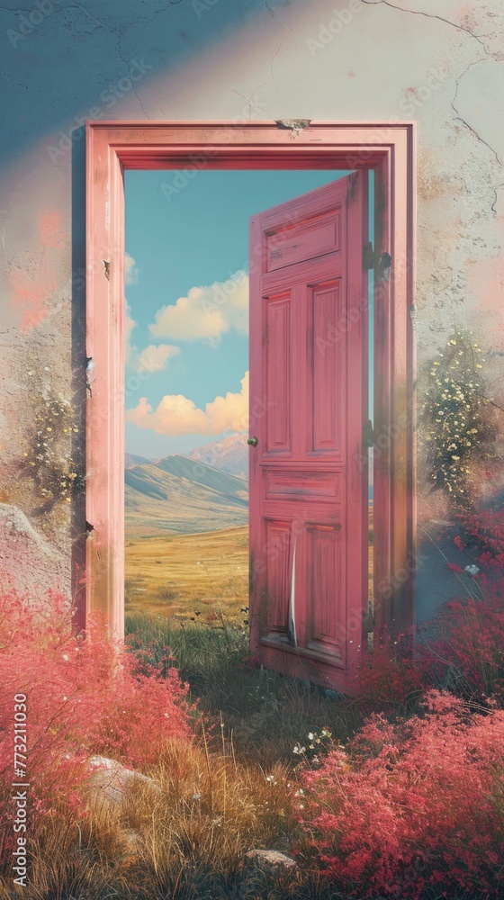 Poster a pink door is open in a field with flowers. generative ai.