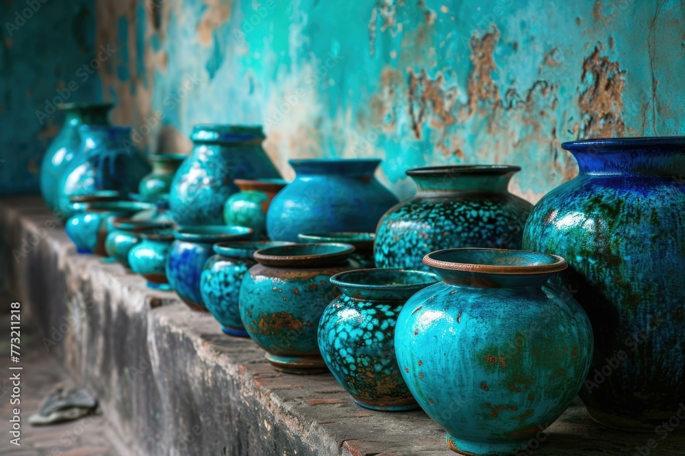Poster a row of blue vases sitting on a shelf. generative ai.
