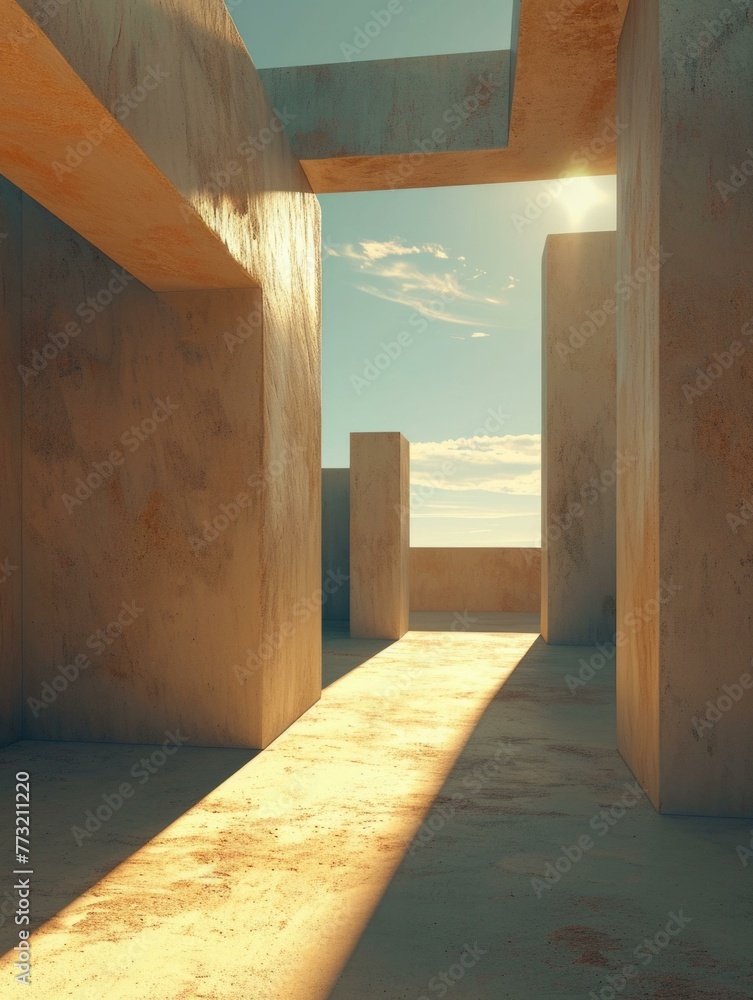 Poster an empty room with a sun shining through the window. generative ai.