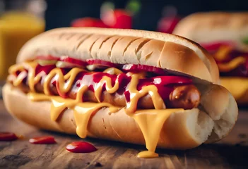Foto op Canvas Appetizing hot dog with mustard and ketchup, garnished with chili pieces, on a rustic wooden table with blurred background. © Tetlak