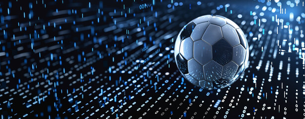 A soccer ball is surrounded by binary code, creating an atmosphere of technology and speed in the background