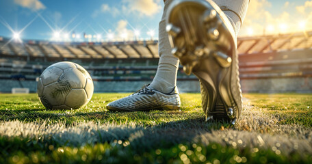 A soccer player's foot on a football, standing in front of an empty stadium with a grass field...