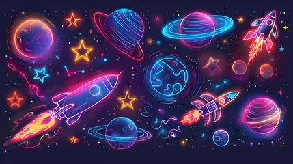Fototapeta premium glowing neon space explore start planet rocket illustration