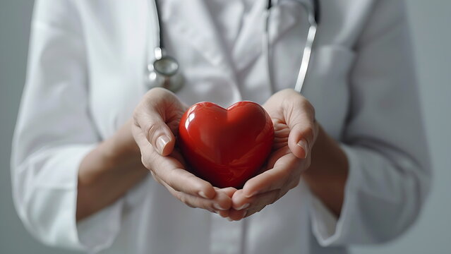 a doctor holding a red heart. illustrating to always keep the heart healthy with generative ai