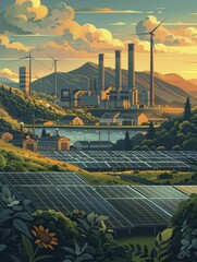 Clean graphic of a factory producing solar panels and wind turbines, on a renewable energy production background, concept for the role of manufacturing in renewable energy solutions.