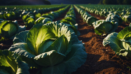 Close-up of cabbage in soil at twilight - obrazy, fototapety, plakaty