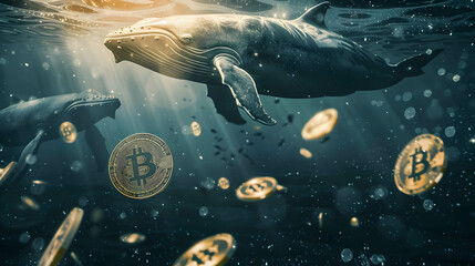 Whales swimming under the surface of the water and Bitcoin coins floating on the surface of the water, smart money in bitcoin concept - obrazy, fototapety, plakaty