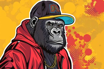 Vector illustration of a cool gorilla wearing a baseball cap and a red jacket against a yellow, graffiti-style background. - obrazy, fototapety, plakaty