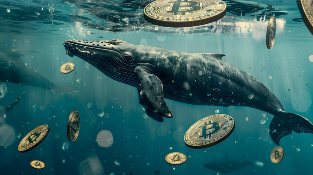 Whales swimming under the surface of the water and Bitcoin coins floating on the surface of the water, smart money in bitcoin concept