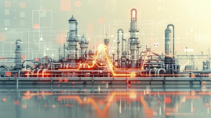 Fototapeta premium Minimalist illustration of a heartbeat signal emanating from industrial machinery, on a light background, concept for monitoring industrial health and safety.