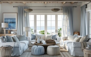 The Calmness of a Coastal-Styled Living Area, Coastal Charm,A Relaxing Living Room Setting Generative Ai