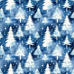 Obraz premium Watercolor Christmas seamless pattern with snowy trees on deep blue background.