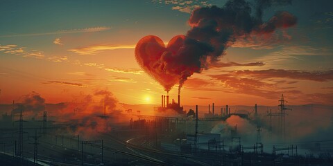 The factory silhouette emits heart-shaped smoke, symbolizing environmental-conscious industries fostering love for nature. - obrazy, fototapety, plakaty