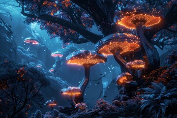 a group of glowing mushrooms in a forest